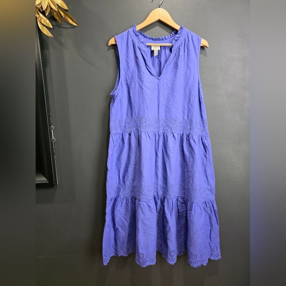 St. John's Bay Sleeveless Scalloped Embroidered A-Line Dress Cotton Sz L Purple